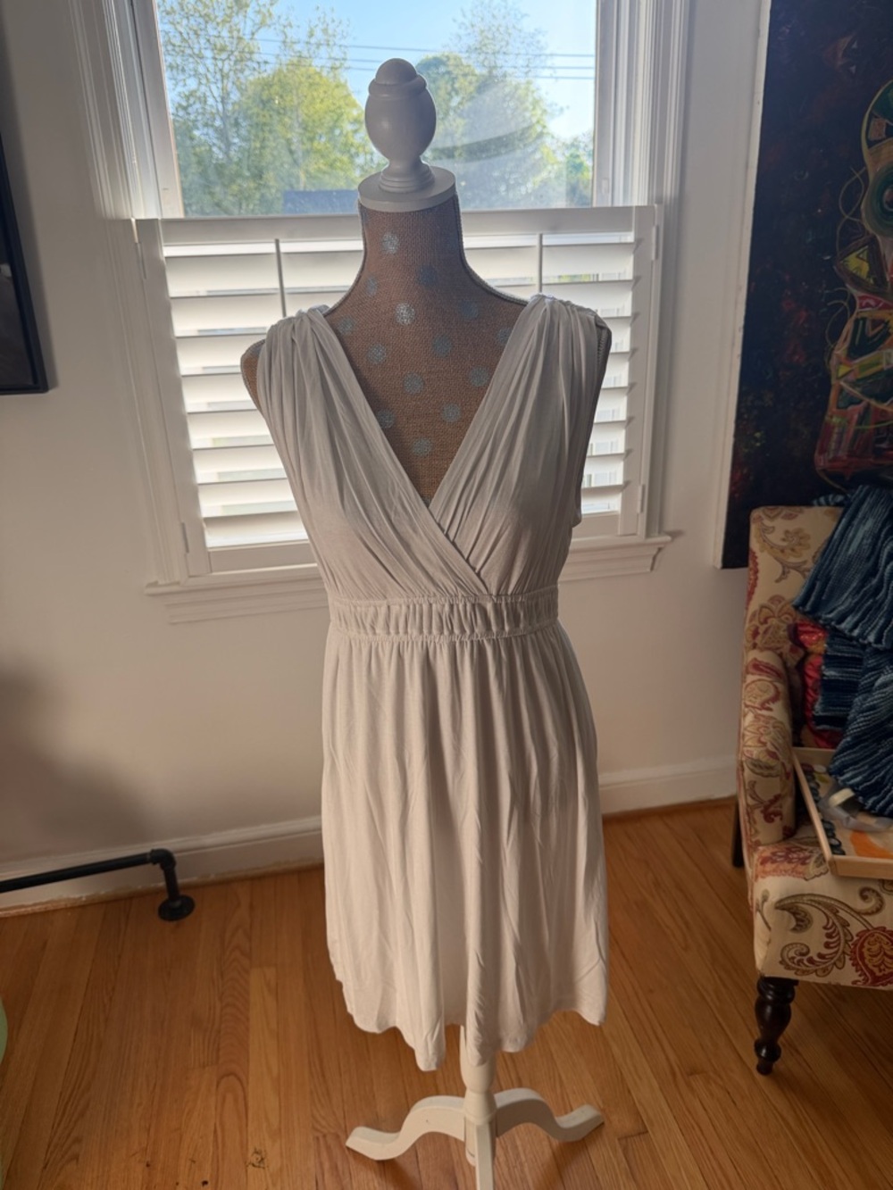 LOFT Cream Sleeveless V-Neck Gathered Waist Midi Dress